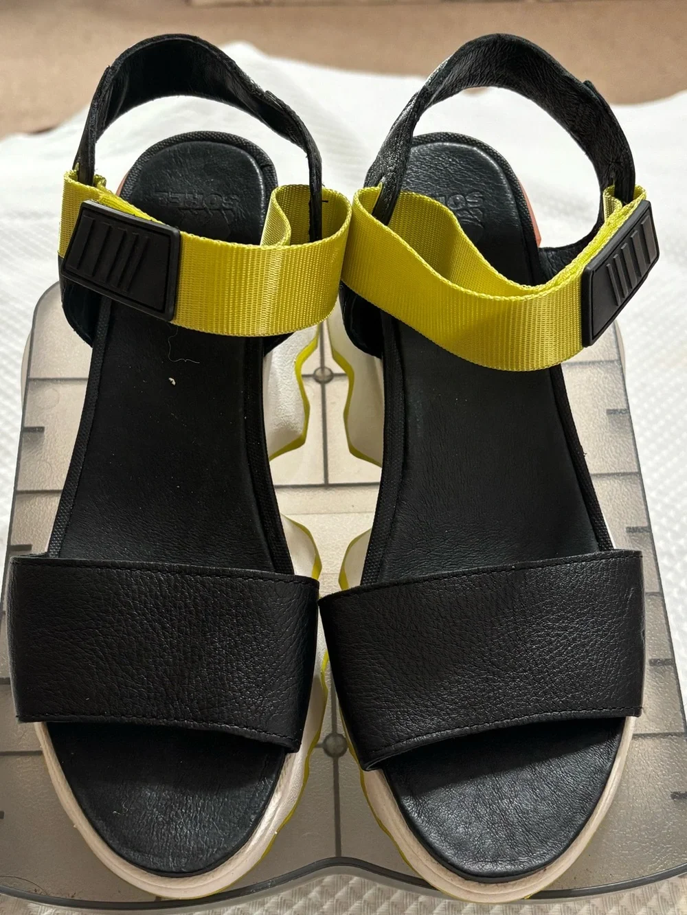 Sorel Black Platform Sandals with Yellow Straps